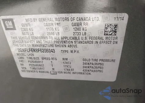 2015 Chevrolet Equinox 1Lt из США, поврежденный, VIN 2GNFLFEK8F6206043